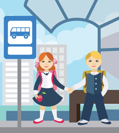 Children waiting for school bus. Back to school (vector illustration, flat concept)のイラスト素材