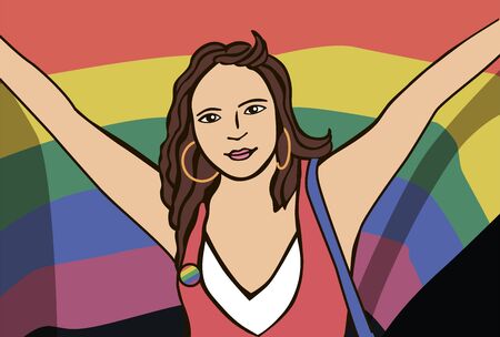 A female is holding a rainbow flag on the Gay Pride Parade, vector illustrationのイラスト素材