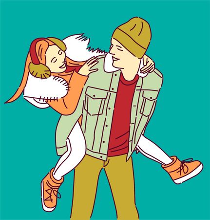 Boy Love Carrying Girl His Back Hand Drawn Style Vectorのイラスト素材
