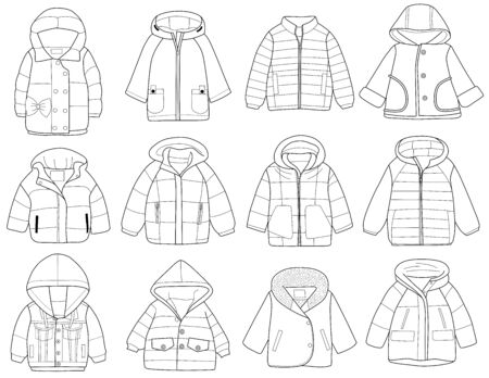 Collection of fashionable children's clothing, vector illustration, coloring bookのイラスト素材