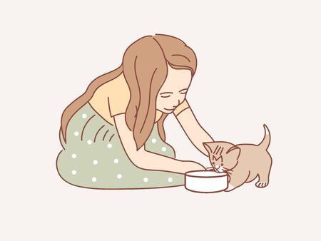 Little girl feeding a cat on color background - stock illustrationのイラスト素材