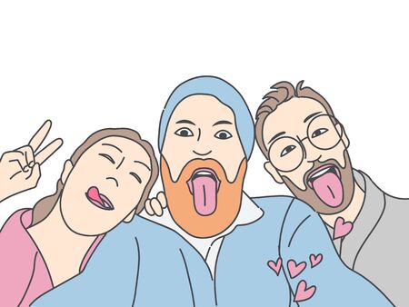 Friends are taking pictures on their cell phones. Hand drawn style vector doodle design illustrationsのイラスト素材
