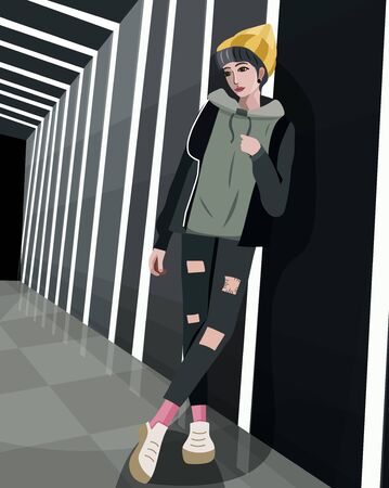Girl in stylish clothes standing near wall - stock illustrationのイラスト素材
