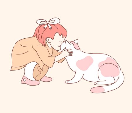 Little girl playing with cat on color background - stock illustrationのイラスト素材