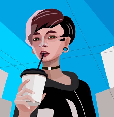 Drinking girl, vector illustration- stock illustrationのイラスト素材