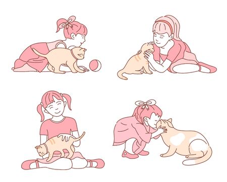 Little girl takes care of her cat. Hand drawn style vector design illustrations.のイラスト素材