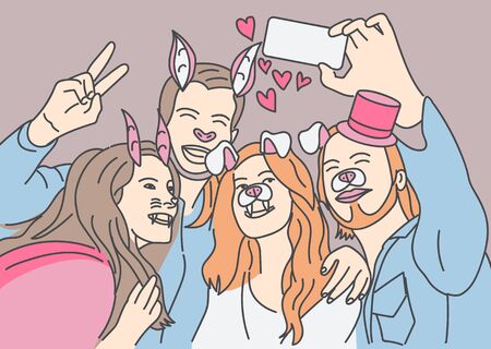 Friends are taking pictures on their cell phones. Hand drawn style vector doodle design illustrationsのイラスト素材