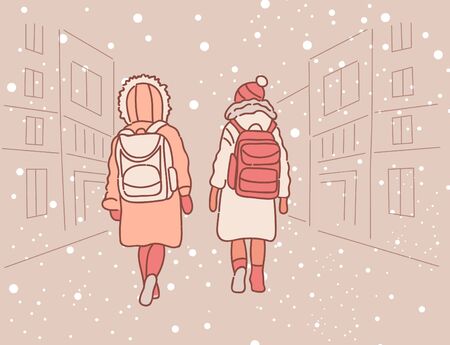 Two girls friends go to school in the snowy winter city. Hand drawn style vector design illustrationsのイラスト素材