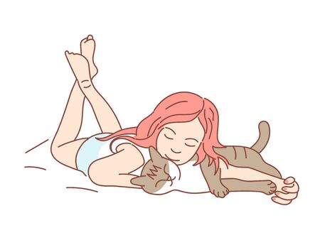 Little girl takes care of her cat. Hand drawn style vector design illustrationsのイラスト素材