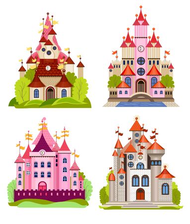 Vector illustration for children with fairy castle and landscape (flat concept)のイラスト素材