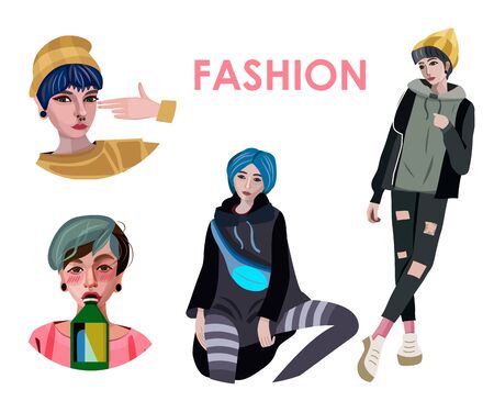 Hand drawn beautiful fashion cute girl. Vector illustrationのイラスト素材