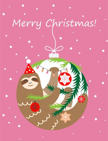 Christmas cute sloth. Merry christmas card. Vector illustationのイラスト素材