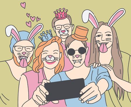 Group of young hipster friends make-up photo with smartphone camera. Vector illustration.のイラスト素材