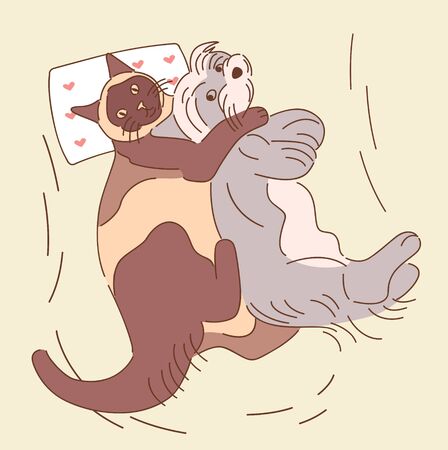 Cat and dog are lying and hugging. hand drawn style vector design illustrationsのイラスト素材