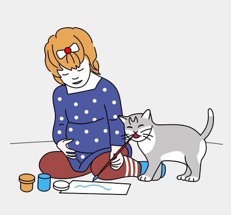Little girl playing with cat on color backgroundâ stock illustrationのイラスト素材