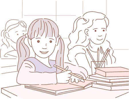 Schoolchildren study at school during the lesson. Vector illustration. Coloring book.のイラスト素材