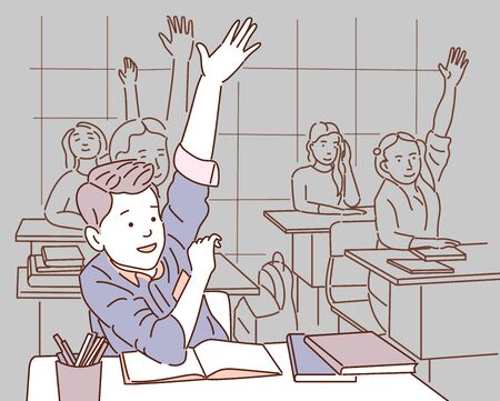 Schoolchildren study at school during the lesson. Vector illustration. Coloring book.のイラスト素材