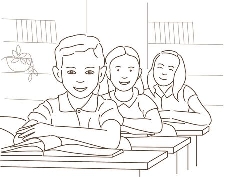 Schoolchildren study at school during the lesson. Vector illustration. Coloring book.のイラスト素材