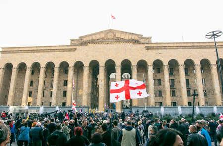 1 november, 2020. Tbilisi.Republic of Georgia.Post parliament election protest. Crowds of people standing in front of Parliament building.のeditorial素材