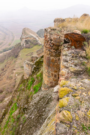 Chapala fortress wall ruins in Bolnisi with panoramic view of countryside of Caucasus. Historcal heritage in Georgia.の写真素材
