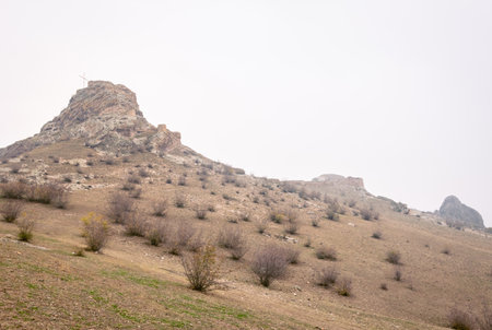 Chapala fortress wall ruins in Bolnisi with panoramic view of countryside of Caucasus. Historcal heritage in Georgia.の写真素材