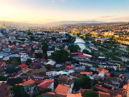 View to Tbilisi houses in city center from Narikala fortress during the morningのeditorial素材