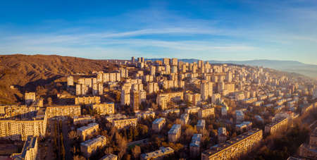 Aerial view of high buildings in Saburtalo district in Tbilisi, Georgia. Property real estate banner caucasusの写真素材