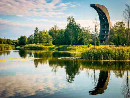 Kirkliai , Lithuania- 15th august, 2018 - moon shape Kirkliai observation tower in Lithuania countryside.のeditorial素材
