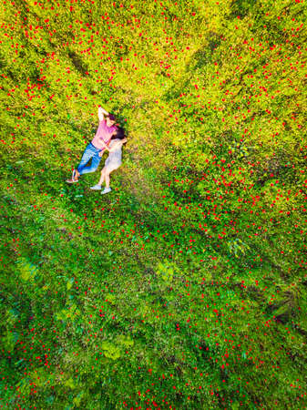 Top view of happy couple lying on the grass in summer park.Couple in love spending time together outdoors. Relationships aerial vertical shotの写真素材