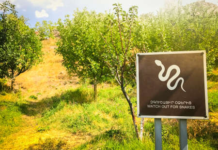 Brown beware snake warning sign post in green yard by Gndevank monastery in Armeniaの写真素材