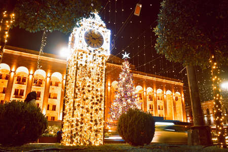 Tbilisi, Georgia - 12th december, 2021: Big ben xmas installation mock up with xmas lights on Tbilisi, Georgia capital in caucasusのeditorial素材