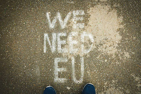 Written statement on the ground "we need EU". Integration process to EU conceptの写真素材