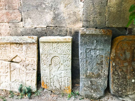 Stone artifacts in Gndevank monastery, Armenia. Historical sightseeing landmarks in Armenia.