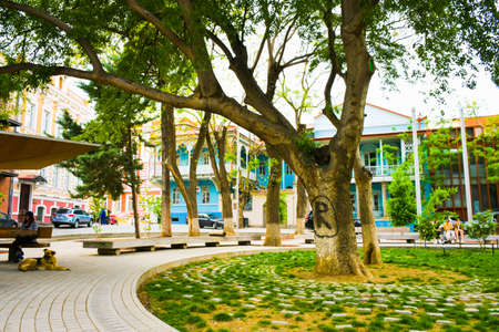 Tbilisi, Georgia - April 15, 2021: Old famous architecture exterior, Gudiashvili square in old town and city center of Tbilisi, Georgia.のeditorial素材