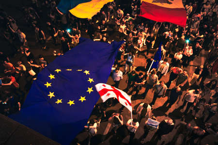 Tbilisi, Georgia - 20th June, 2022: Aerial view people march in streets on major EU-pro rally event....