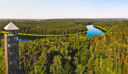Neman river panorama from Birstonas viewpoint tower in Lithuania. Famous river in balticsの写真素材