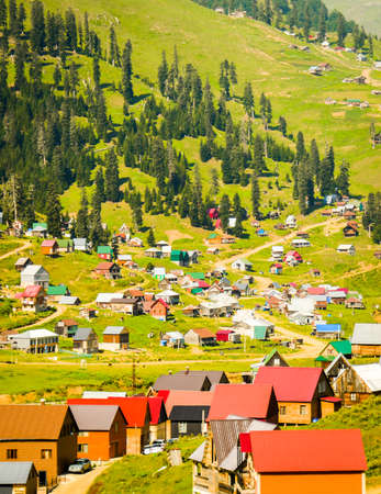 Bakhmaro village colorful houses panorama in summer. FAmous travel landmark summer resort in caucasus mountains. Holiday destination in Guria, Caucasusの写真素材