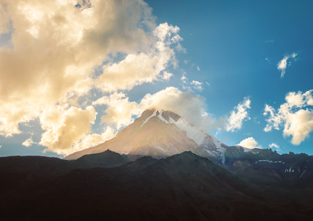 . Peak Of Mount Kazbek Covered With Snow. Kazbek Is A Stratovolcano And One Of Major Mountains Of...