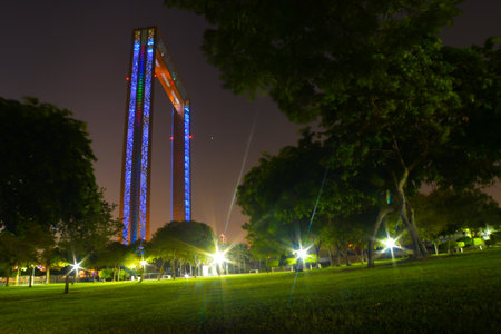 Dubai, UAE - 14th october, 2022: Dubai Frame at night. Golden Dubai Frame - New attraction in Dubai, Amazing Architecture, United Arab Emirates sightseeing attractionsのeditorial素材