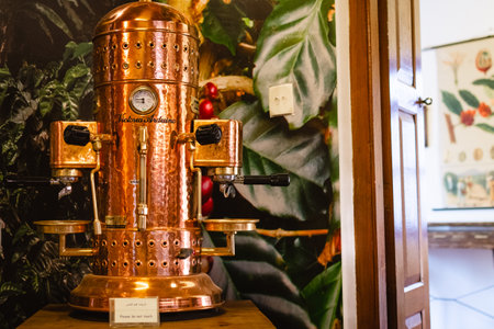 022: Victoria Arduino Coffee machine in museum. Old coffee preparation methods with vintage technologyのeditorial素材