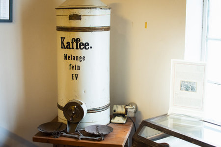 Dubai, UAE - 12th october, 2022: old coffee machinery and tools in Dubai museum of coffeeのeditorial素材