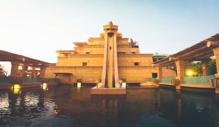 Dubai, United Arab Emirates - 13th october, 2022: visitor take most famous slide in Atlantis water park Neptune tower. Popular fun tourist attraction in Dubai, United Arab Emiratesのeditorial素材