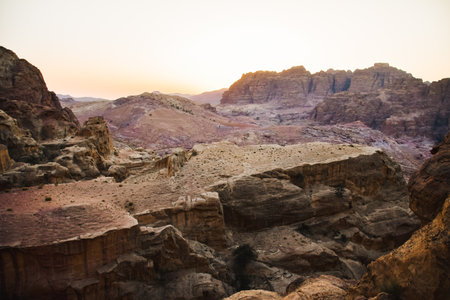 Wadi araba panorama from Petra landmark. Scenic mountains rock formations in Jordan middle eastの写真素材