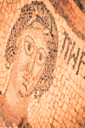 Petra, Jordan - 7th october, 2022: humans face mosaic art on floor in byzantine church in Petra historical siteのeditorial素材