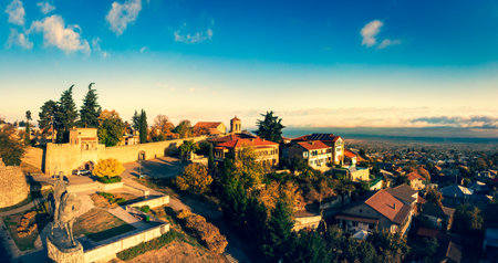 Telavi, Georgia - 6th novermber, 2022: Aerial close up Monument of king Erekle II . Beautiful view of Kakheti landscape from Telavi. Alazani valley and red roof houses in Kakhetiの写真素材