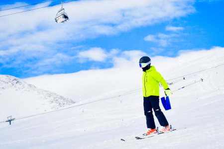 Kid beginner ski ski downhillの写真素材