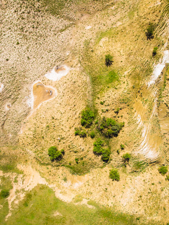 Top down view orange heart shape form on mud volcanoes site in chachuna nature reserve, VAshlovani national park, Georgiaの写真素材