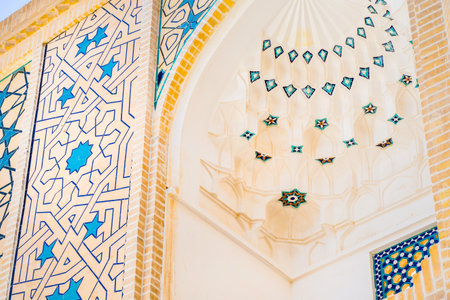 Close up Blue Hazireh Mosque details and ornaments in Yazd, Iranのeditorial素材