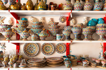 Tahran, Iran - 17th june, 2022 : special decorative iranian plates in on shelves in local shop in street bazaar market in city centerのeditorial素材