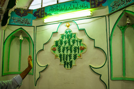 Local small mosque interior in Kashan Green walls and artworkのeditorial素材